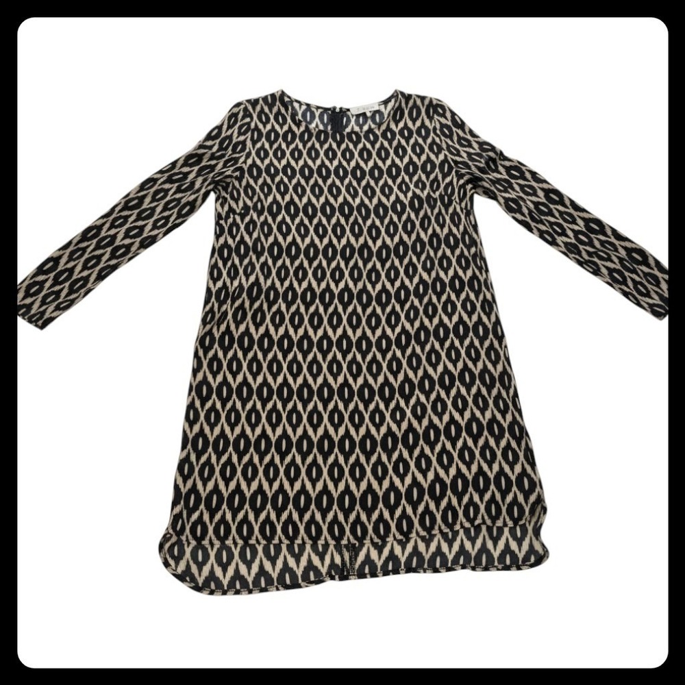 WAYF Shift Dress Women Medium Black Tan Ikat Long Sleeve Mini Tunic